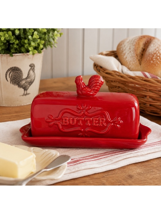 Other - Vintage Red Ceramic Butter Dish with Rooster Knob Farmhouse Kitchen Decor